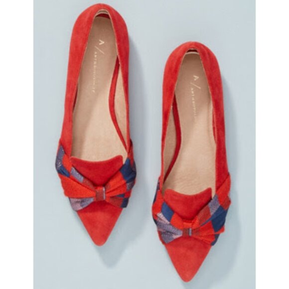 Anthropologie Shoes - Anthropologie Knotted Bow Flats – Red Suede with Plaid Detail